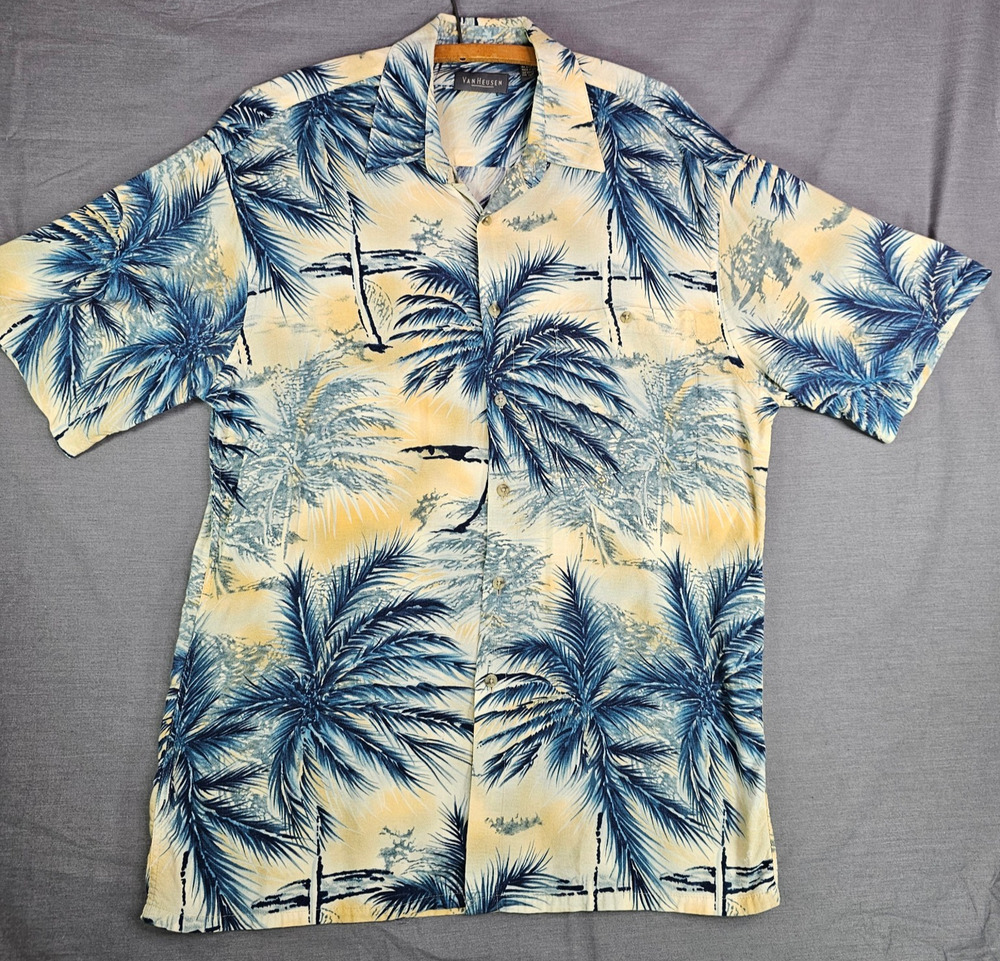 Van Heusen Button Front Hawaiian Yellow w/Blue Palm Tree Print Men's Medium